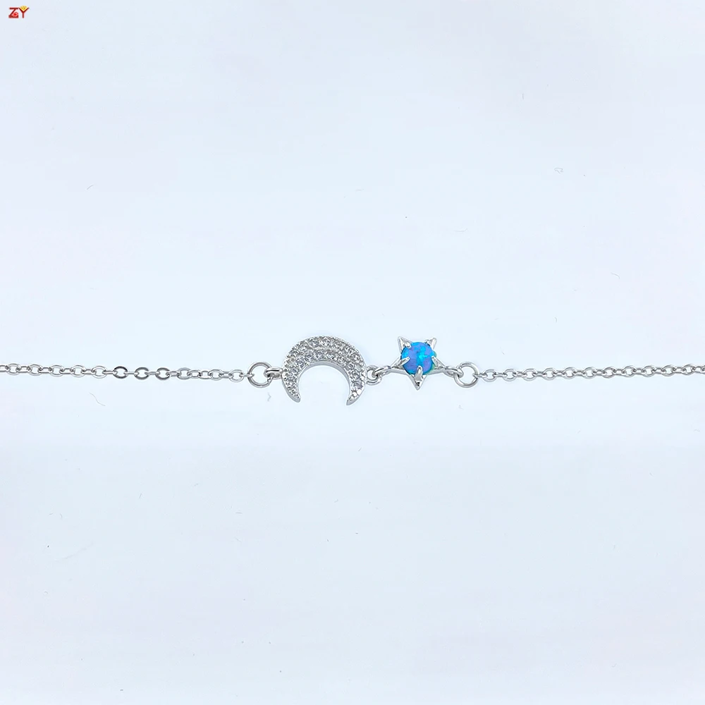 Moon and Star Adjustable Bracelet for Women Opal Jewelry Bracelet Silver 925