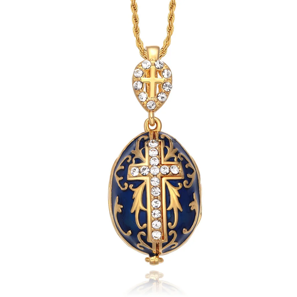 YAFFIL Egg Pendant Necklace Cross Handmade Vintage Jewelry Enamel Jesus Luxury Charm Crystal Rhinestone Piercing Gifts To Women 6