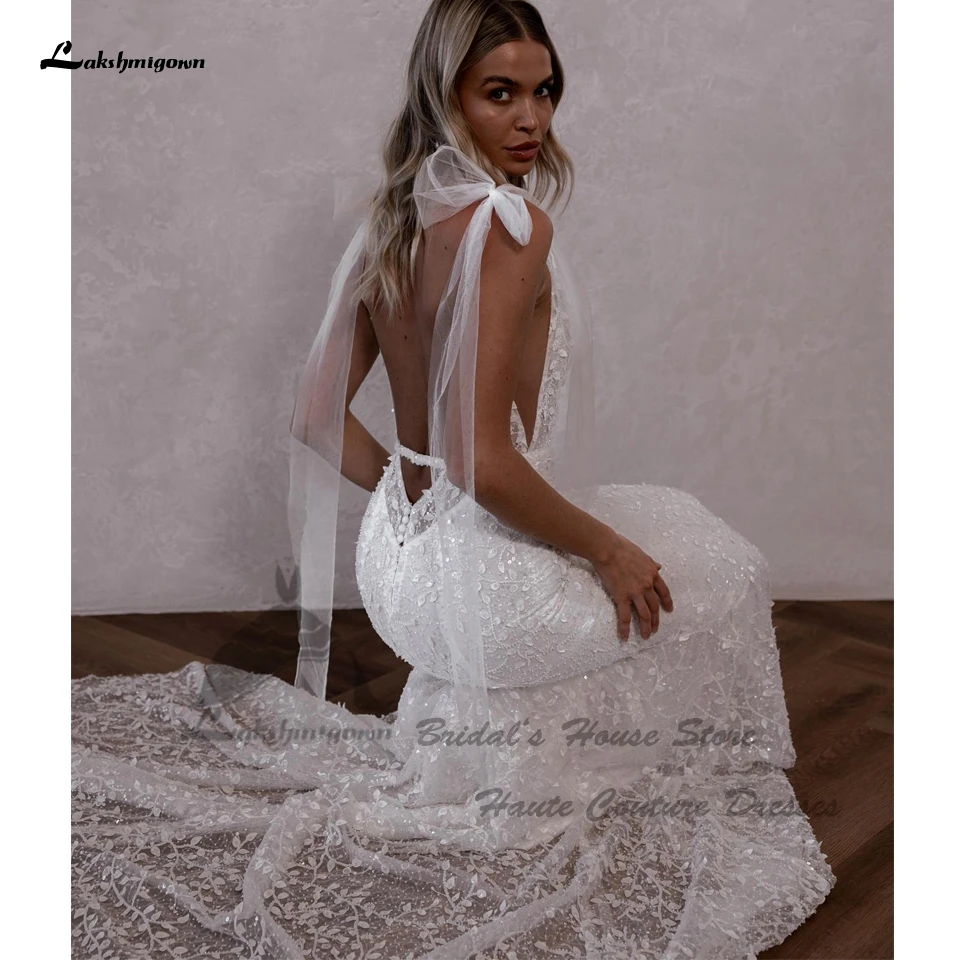 Lakshmigown Luxury Bead Lace Boho Beach Wedding Dresses Backless Vestidos Sexy Mermaid Bridal Gowns Plunging V Neck wedding dresses