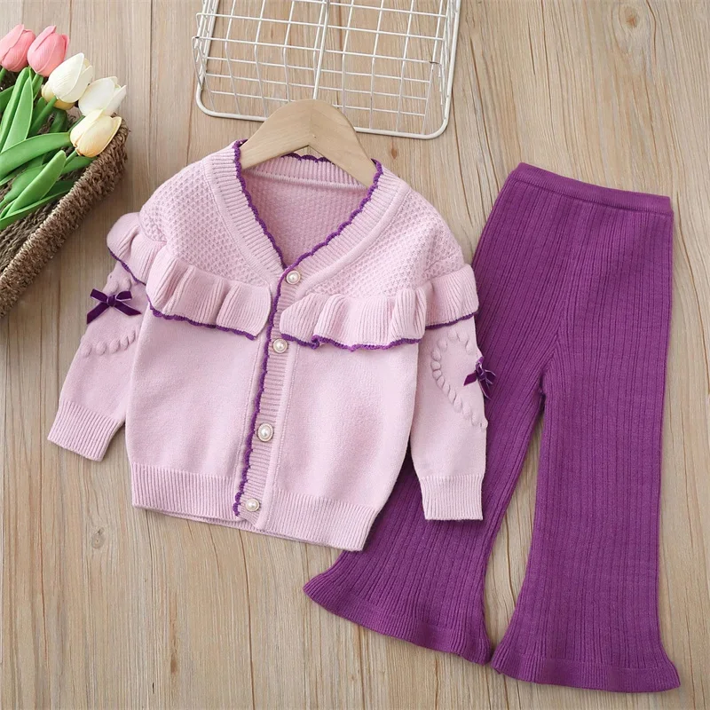 

Girls Clothes Sets Cardigan Autumn Winter Bow Baby Sweatshirt + Pants 2pcs Set Children Knitting Tops Kids Outfits