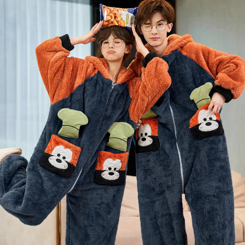 

Kigurumis Winter Adult Couples Onesie Sleepwear Cartoon Dog Women Men Thicken Pijama Pyjama Pour Loungewear Jumpsuits Zipper