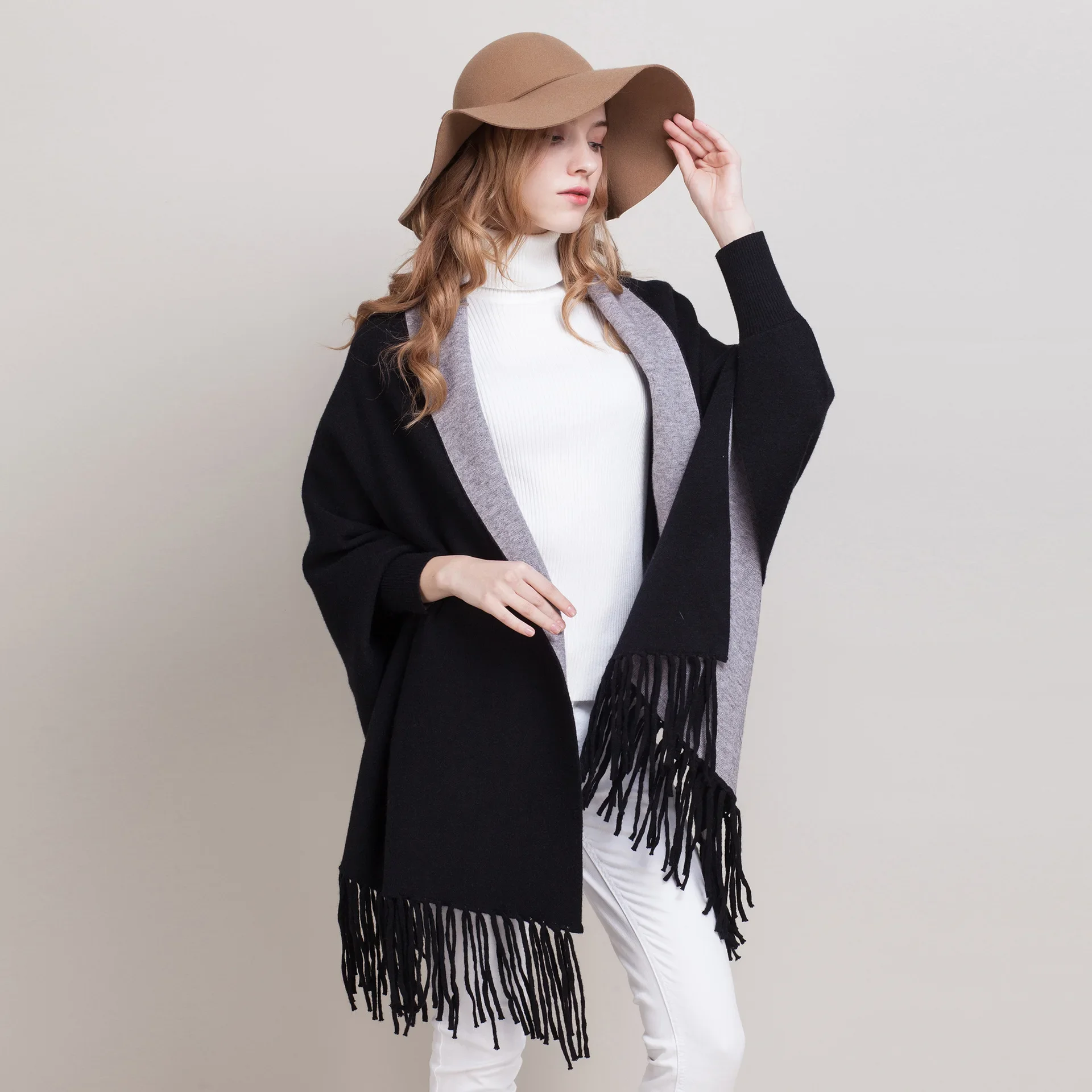 Women Ponchos With Sleeves Tassel Knitted Shawl Wrap Plus Size