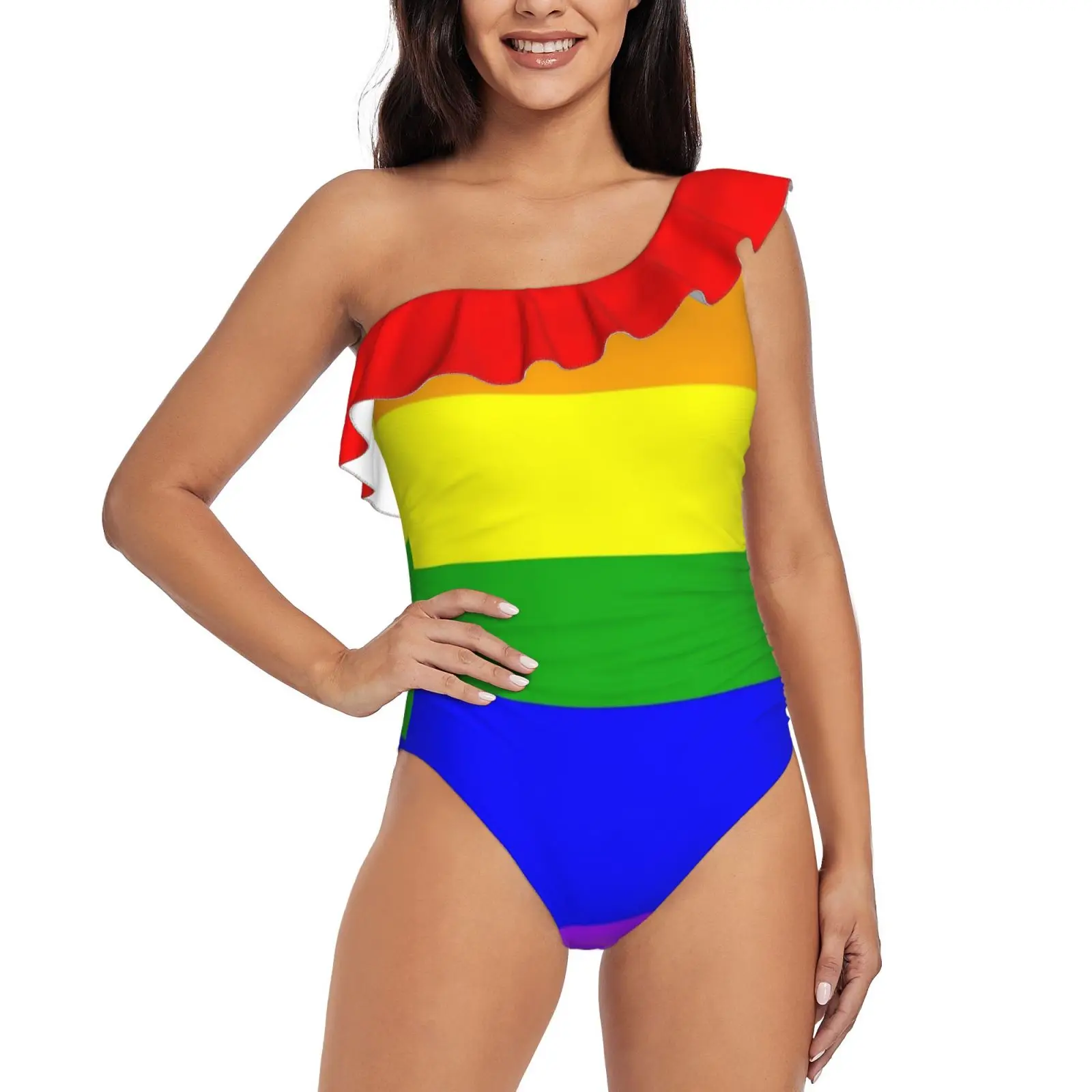 

Pride One Shoulder Ruffle Swimsuits Bodysuit One Piece Swimwear Women New Female Beach Swimsuit Pride Flag Pride Flag Pride