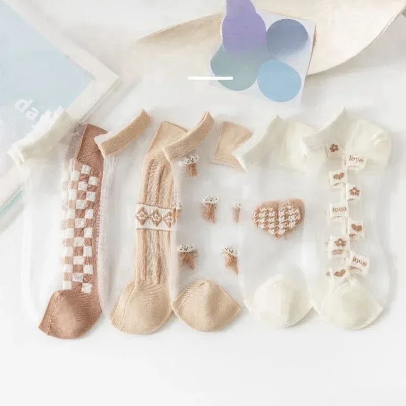 New 6 Pairs of Ppring and Summer Comfortable and Lovely Transparent Sea Glass Silk Crystal Socks2024