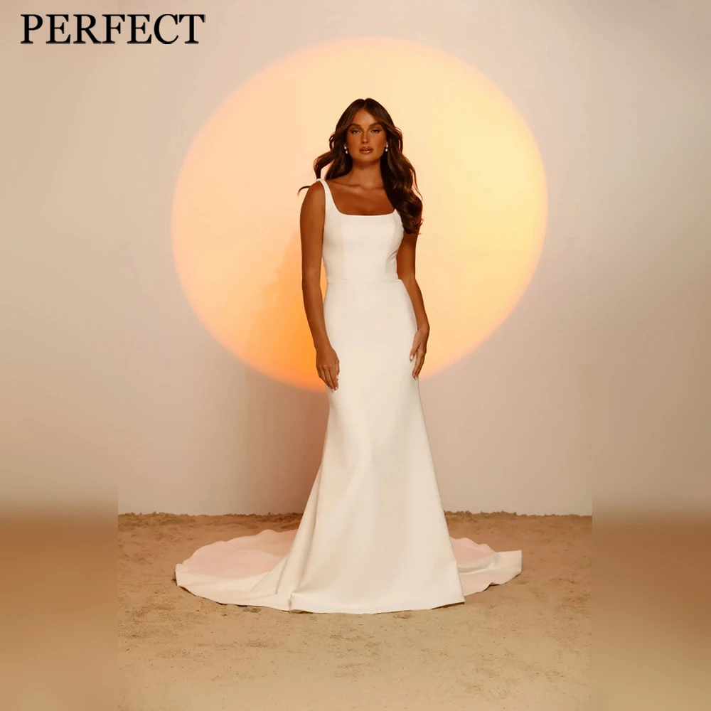 

PERFECT Wedding Dresses For Woman Charming Mermaid Square Neck Spaghetti Straps Open Back Court Train Stunning Robe De Mariée