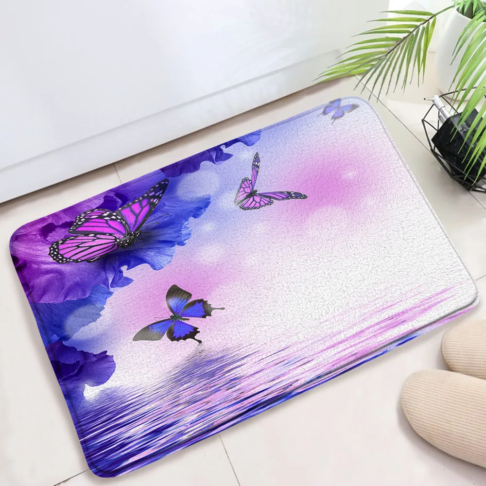 

Flower Butterfly Bath Mat Insect Animal Wings Floral Dream Fantasy Water Purple White Blue Bathroom Decor Mat Soft Rug Carpet