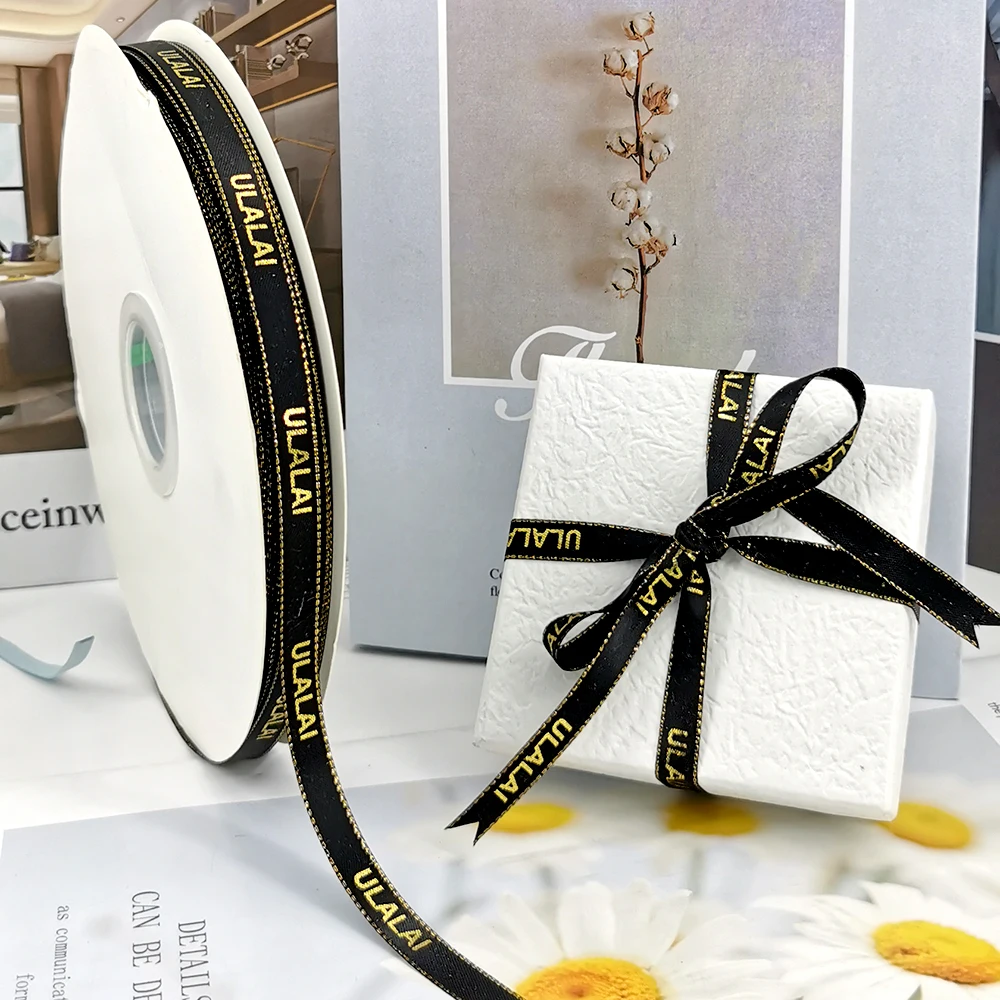 パーソナライズされたブランドロゴプリントリボン、ゴールデンエッジ