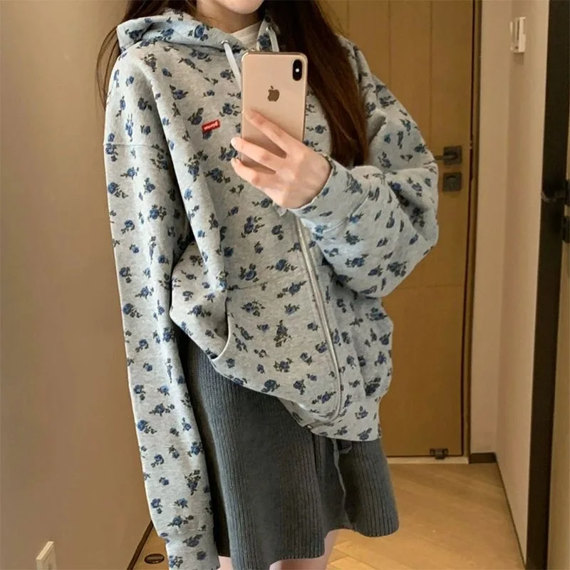 Vintage Fleece Floral Hoodies Women Zip Up Hooded Loose Thick Sweatshirt Korean Chic Long Sleeves Female Autumn Winter Clothes