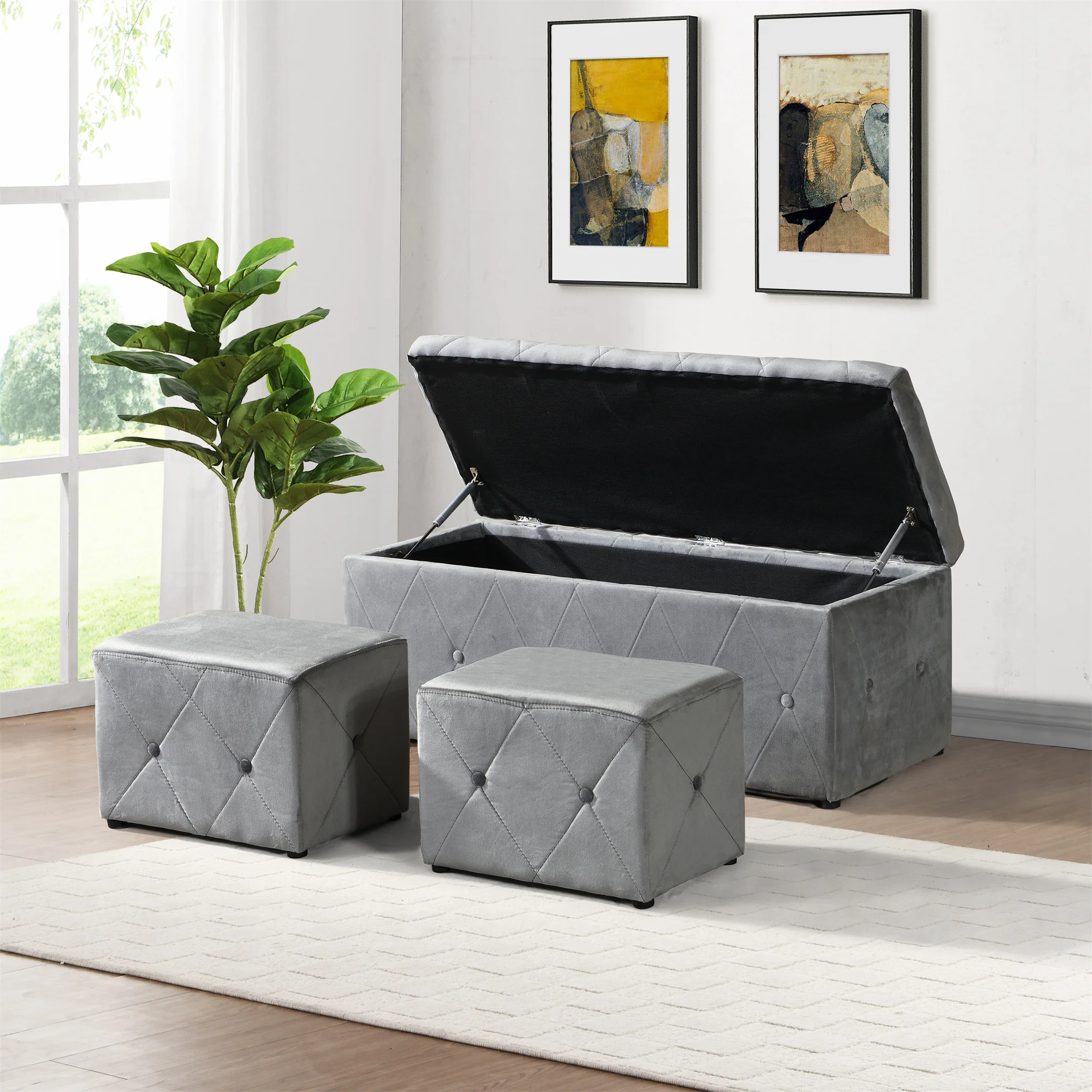 

[Flash Sale]3 Piece Ottomans Set 1 Rectangular Storage Ottoman Short velvet with 2 Small Ottomans Light Gray/Beige[US-W]