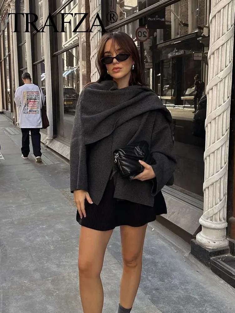 

TRAFZA Winter Warm Long-sleeved Single-button Loose Women's Short Woolen Coat Fashion With Asymmetric Scarf Women's Knitted Coat