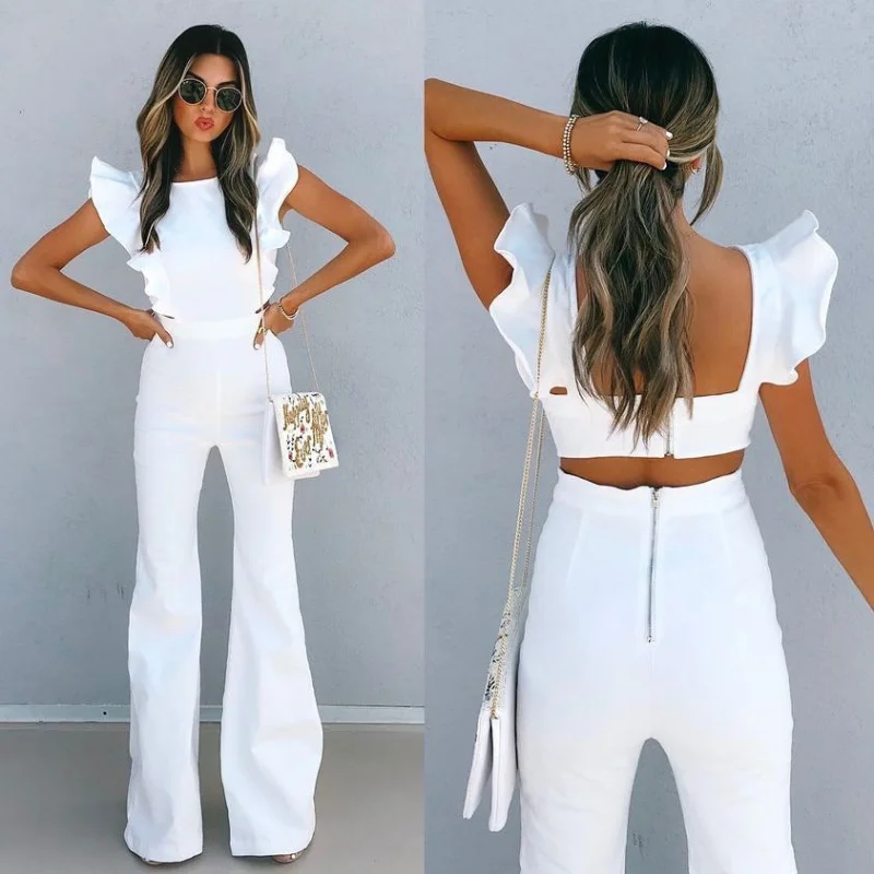 Gy2338 Fashion Ruffles Backless Cute Straight Jumpsuit 22 Spring and Summer New Szgy solid one shoulder sleeveless backless irregular sexy bodycon jumpsuit 2023 fall women cute streetwear party overalls