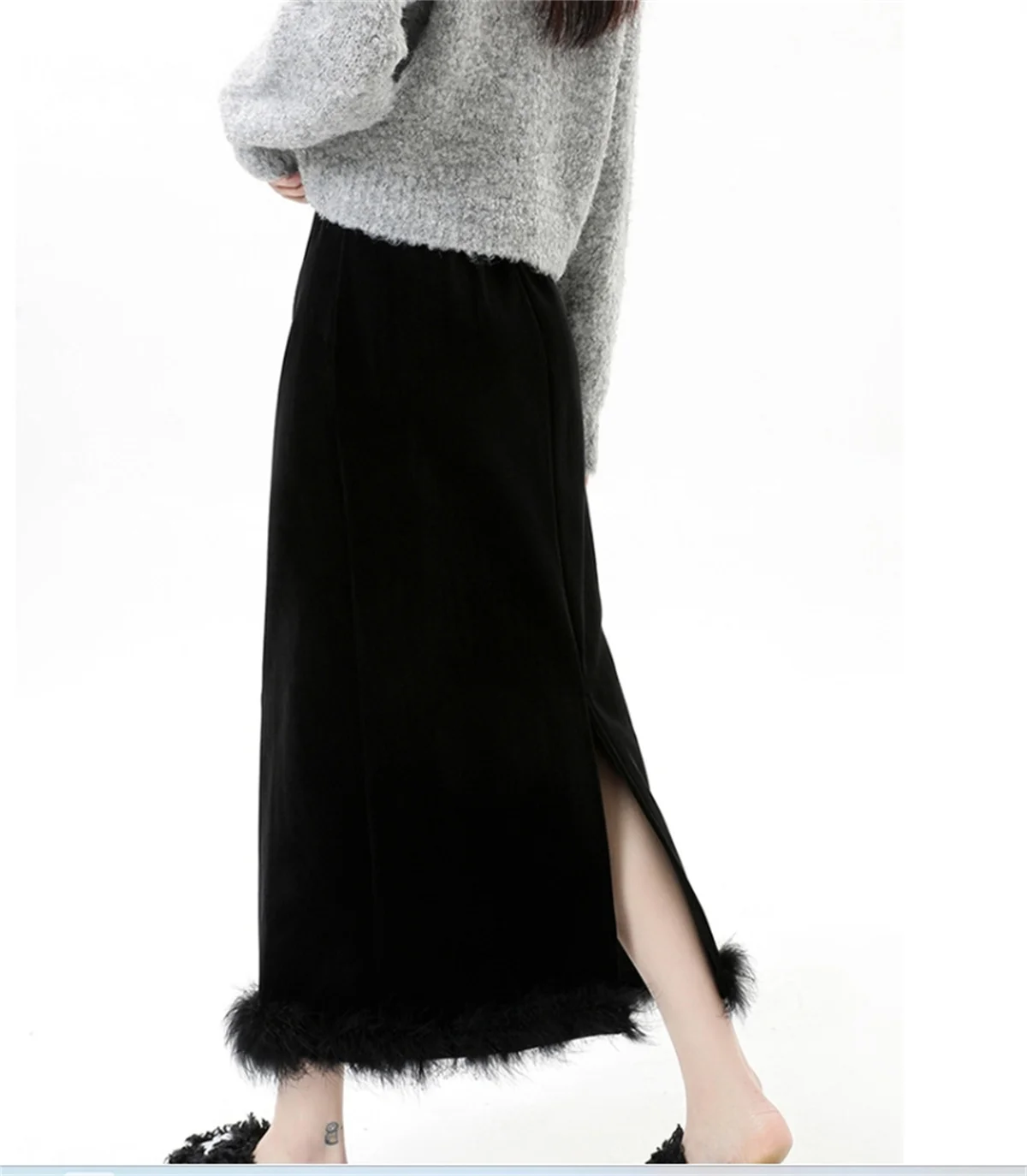 Pregnant women's skirt Black thick velvet skirt autumn and winter plush wrapped hip long straight tube slit