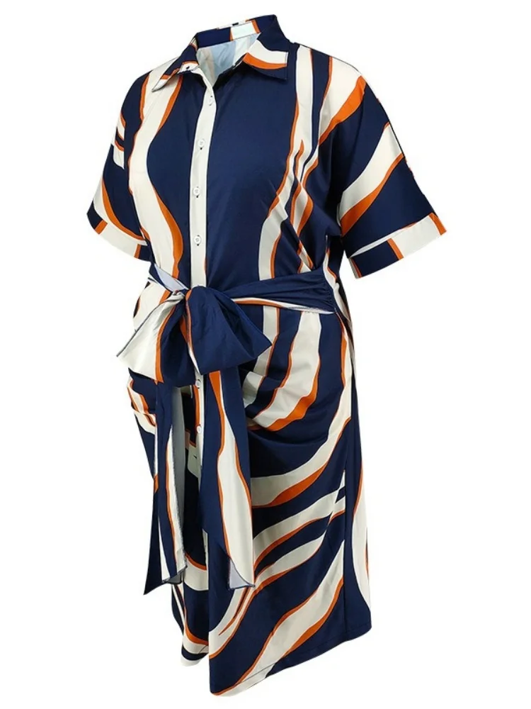 Wmstar Plus Size Women's Dresses 2025 Wholesale Striped Tie Lapel Short Sleeve Button Bandage Elegant Long Dress Drop Shopping