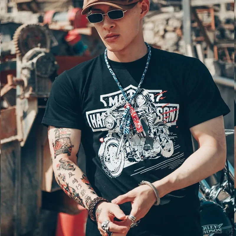 white graphic tees 2022 Summer New Men's t-shirt Black Motorcycle Print Short Sleeves Casual Top Tees O-Neck Vintage Cotton T-Shirt Hip Hop Clothes white t shirt