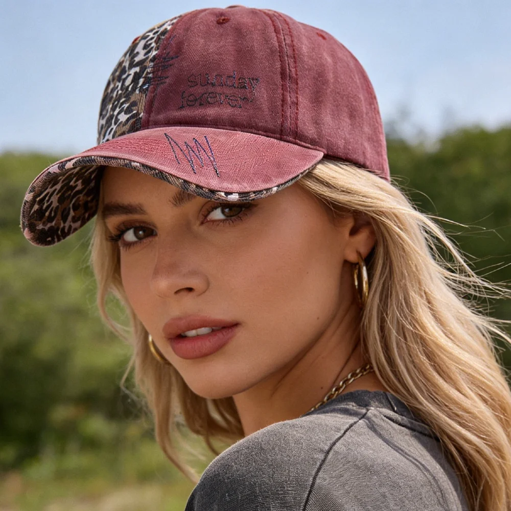 Neue Y2K-Baseballkappe, modische Leoparden-Patch-Mütze aus gewaschener Baumwolle für Damen, lässiger Boho-Streetwear-Stil, trendige Damenmützen. – Detail 11