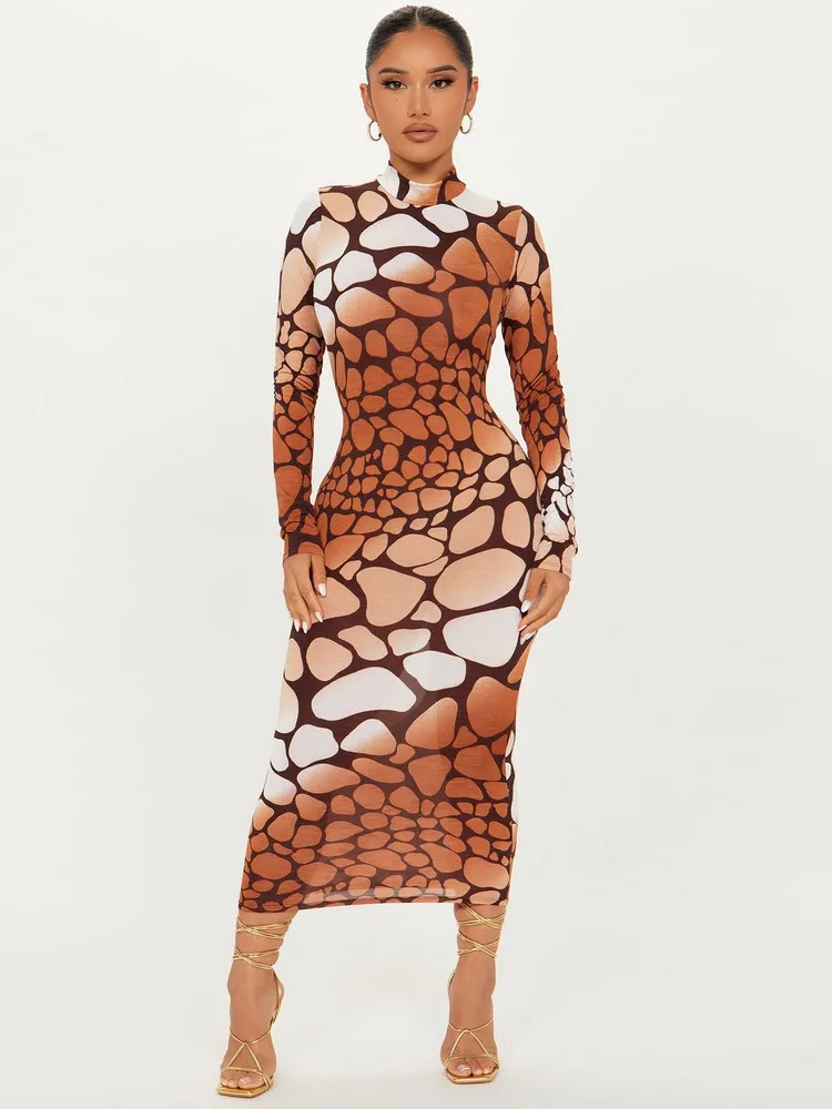 

Gradient Print High Neck Dresses Fall Clothes For Ladies Fashion Full Sleeve Body-shaping Long Dress Casual Vacation Robe Femme