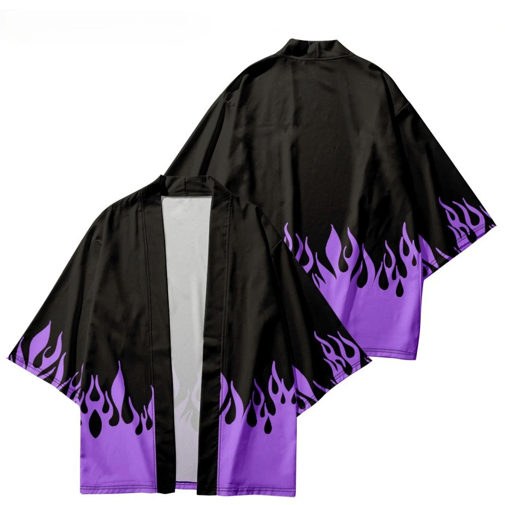 Samurai Beach Cardigans Loose Kimonos Cosplay Tops for Men and Women Capes Blue Flame Print
