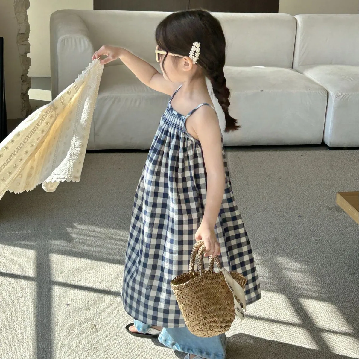 

Ins Spring Summer Children Girls 3PCS Clothes Set Long Length Plaid Sling Lace Exterior Coat Flared Pants Suit Kid Girls Outfits