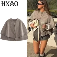 HXAO Womens Cardigan Outerwears Cape Cropped Knitted Cardigan Woman Autumn Short Sweaters Jerseys Elegant Button Jacket Knitwear