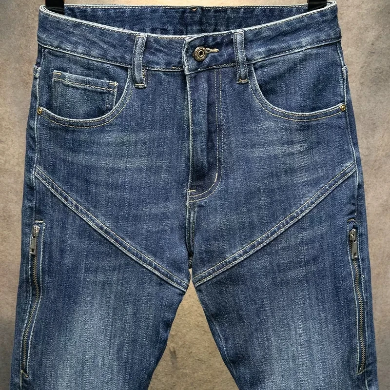 High Street Fashion Men Jeans Retro Blue Stretch Elastic Skinny Fit Ripped Jeans Men Patched Designer Hip Hop Denim Biker Pants