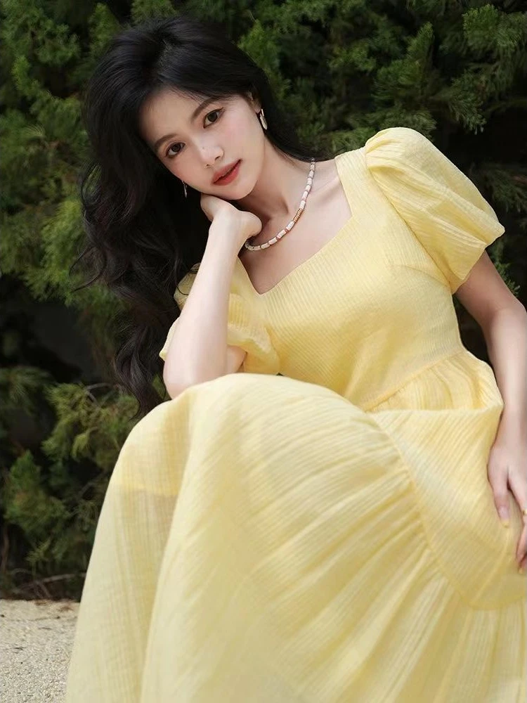 

New Women Chiffon Dress Long Comfortable Forest-Style Square Neck Solid Half Breasted Puff Short Sleeve Mid Length Skirt