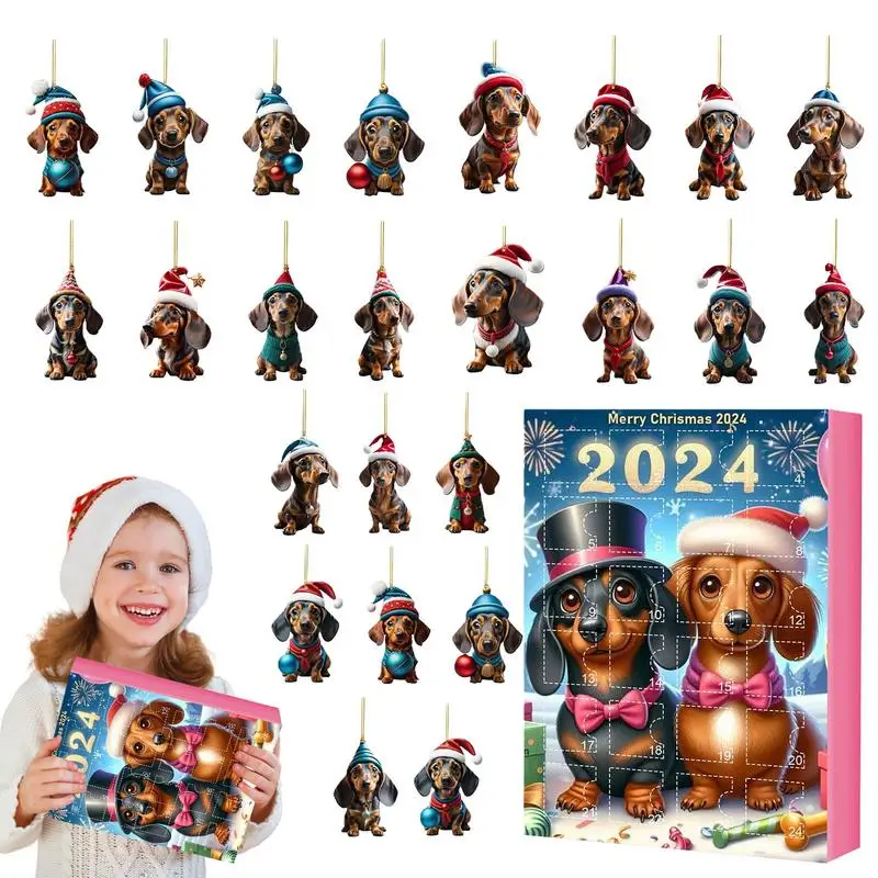 Advent Calendar Dachshunds Christmas Holidays Advent Calendar Collectible Funny Dog Gifts Set 2D Flat Acrylic Pendants