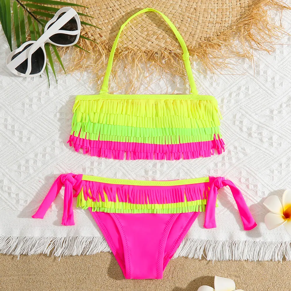 Girls Swimsuit Girls Patchwork Fringe Bikini Swimsuit Kids Halter Top Two Piece Children's Swimwear 5-12 Years Tie Side Bathing Suit Beachwear