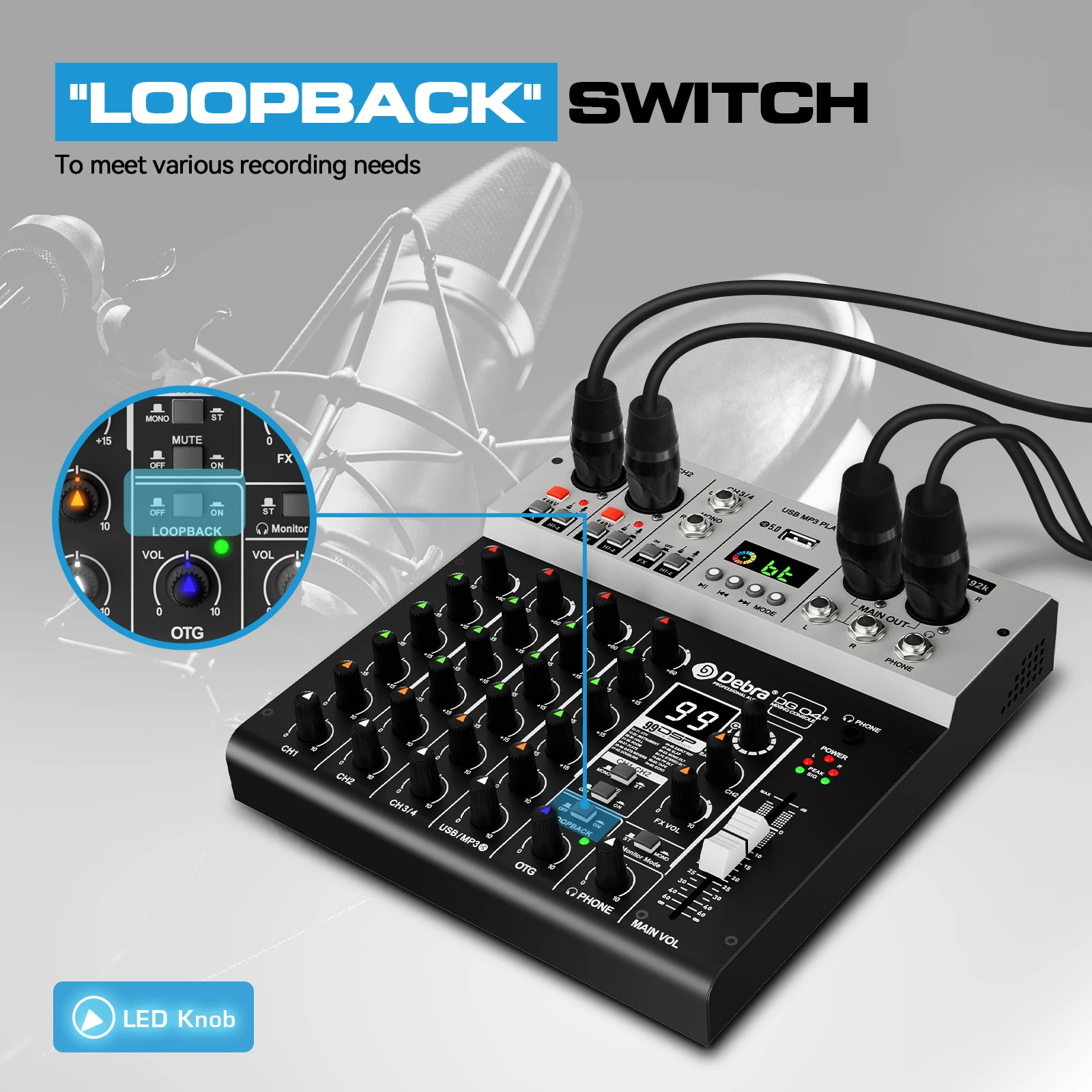 Debra DG04S Professional 4-channel Mixer Sound Card OTG Recording Output USB,Blu
