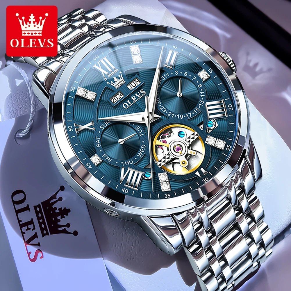 OLEVS 6701 ساعة أوتوماتيكية فاخرة بهيكل عظمي دولاب...