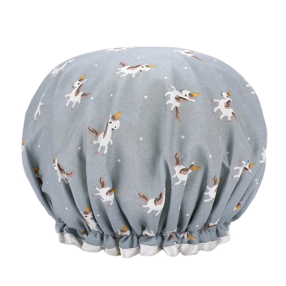 

New Cartoon Waterproof Shower Cap Female Adult Double-layer Printing Bath Cute Satin Beauty Cap Shampoo Cap Shower Cap