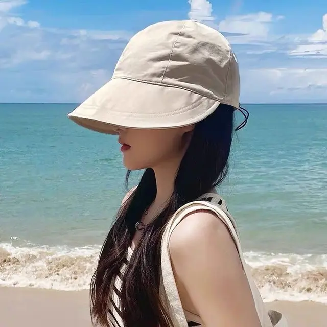 Foldable Sunhat Summer Outdoor Beach Fisherman Hat Sunscreen Protection Cap Adjustable Cotton Wide Brim Bucket Caps for Women 2