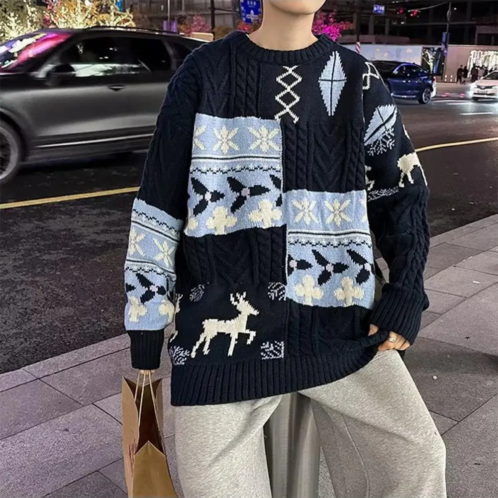 

Men Winter Sweater Christmas Style Colorblock Elk Snowflake Sweater Cozy Thick Knitted Pullover for Men's Fall/winter Wardrobe