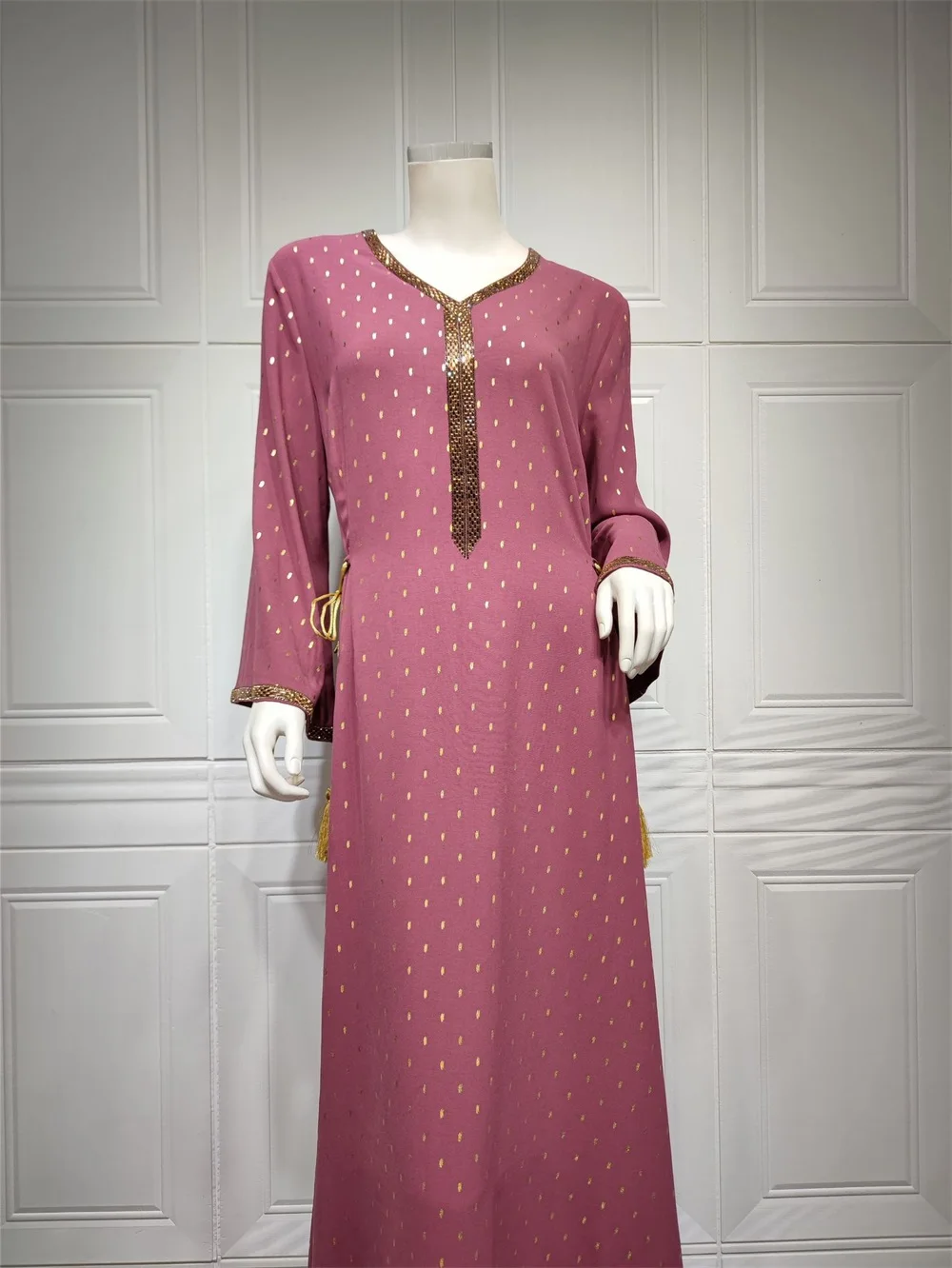 Women's Ramadan Eid Long Sleeve Dress Polka Dot Print Belted Abaya Robe Moroccan-Kaftan Muslim Dresses