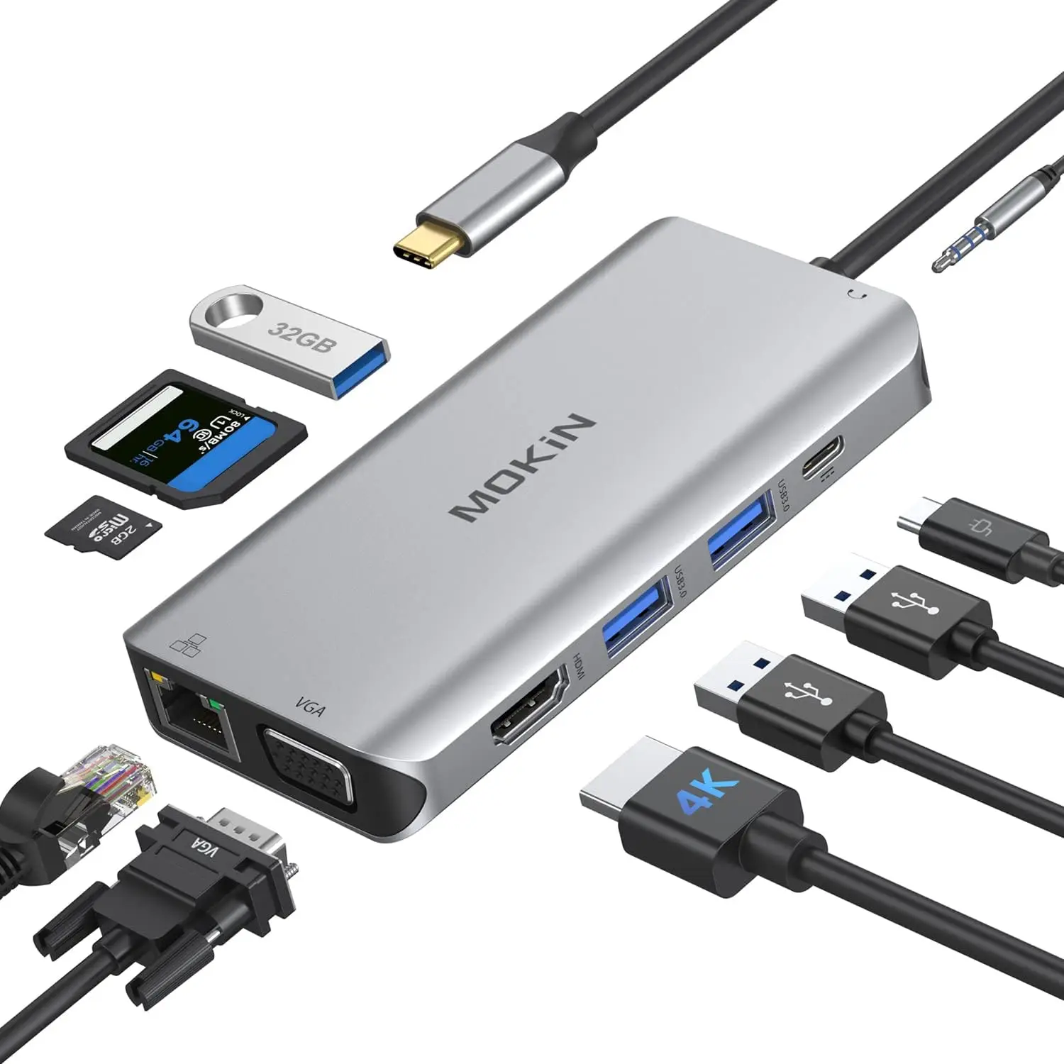 

Док-станция MOKiN 10 в 1, USB C, 4K HDMI, VGA,100 Вт PD, 3 USB 3,0, Gigabit Ethernet,SD/TF, для MacBookPro/Dell/Lenovo