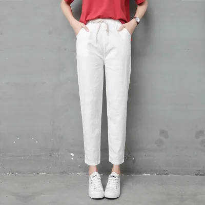 Women Casual Harajuku Long Ankle Length Trousers 2022 Summer Autumn Large Solid Elastic Waist Cotton Linen Pants Black Pants White