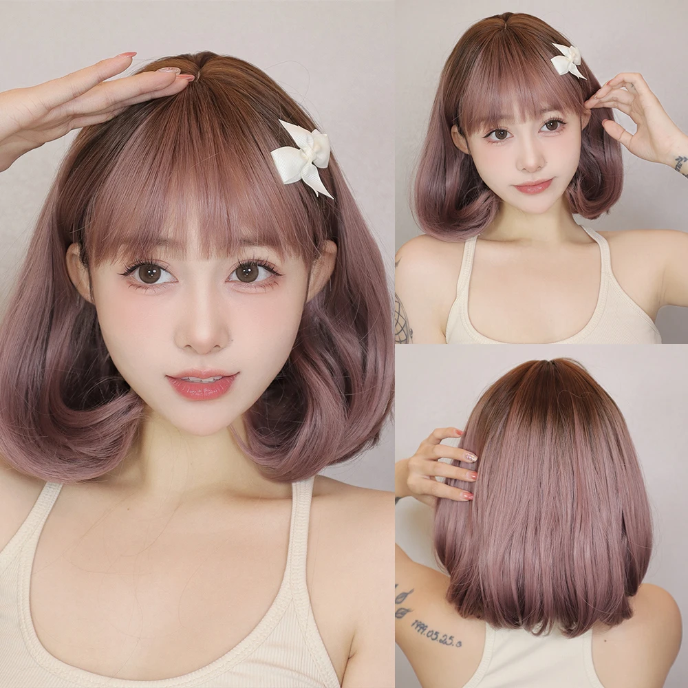 Short Purple Bob Straight Wigs for White Women Natural Colorful Cosplay Wig with Bangs Daily Party Synthetic Hair Heat Resistant