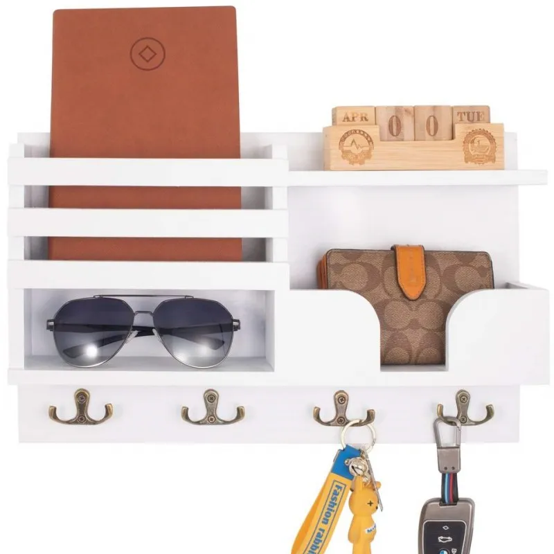 Wooden Key Holder Box with 4 Double Hooks Wall Mounted with Shelf Handmade for Home Decor Apartment 6