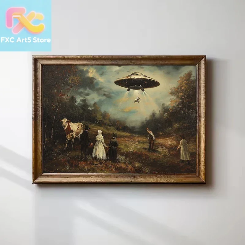 1pc frameless Vintage Surreal Funny Victorian UFO Landscape Cow Alien Poster Wall Art Pictures Canvas Painting Home Farmhouse De 1
