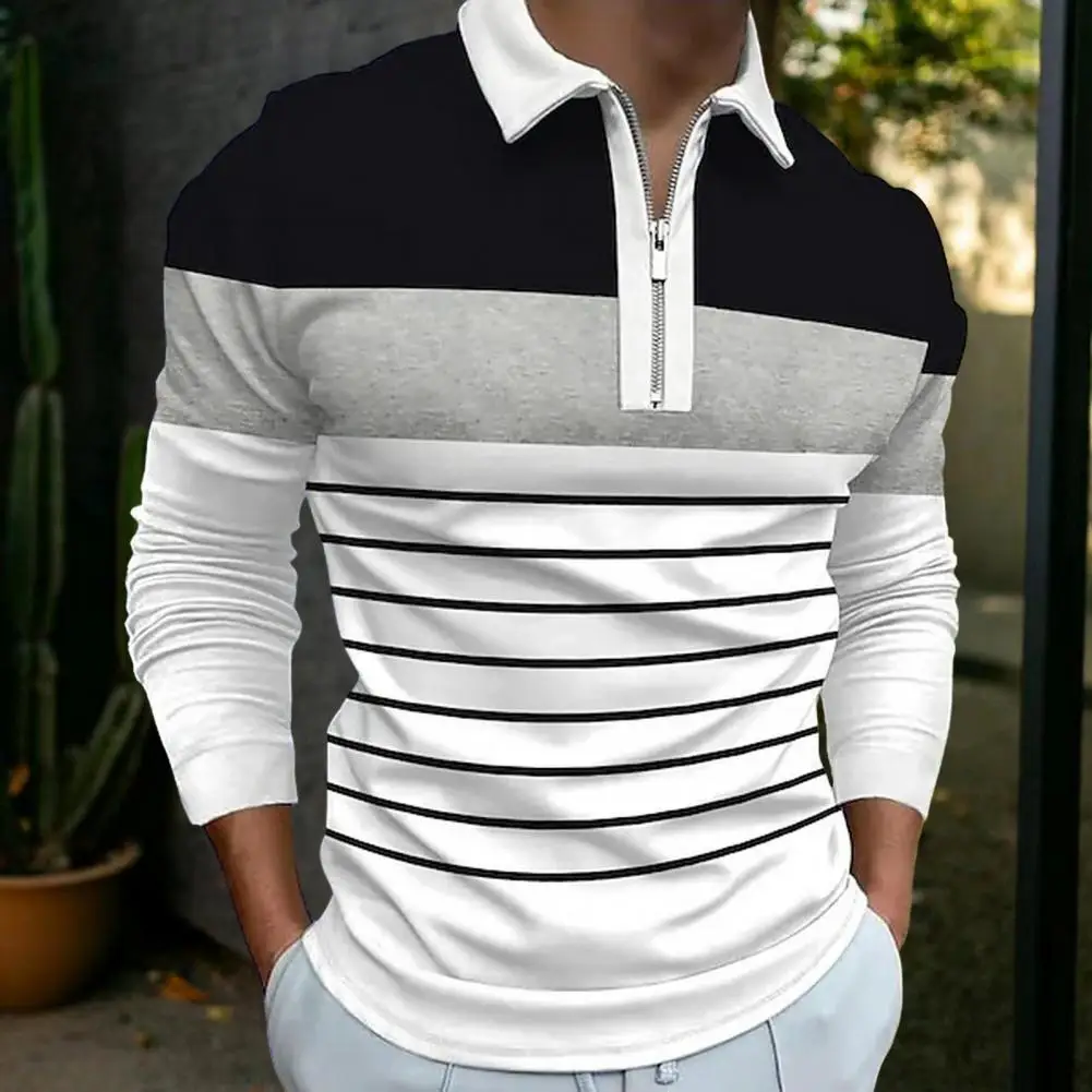 

Men Striped Top Men's Striped Long Sleeve Shirt with Zipper Decor Slim Fit Business Style Top for Fall Spring Soft for Men