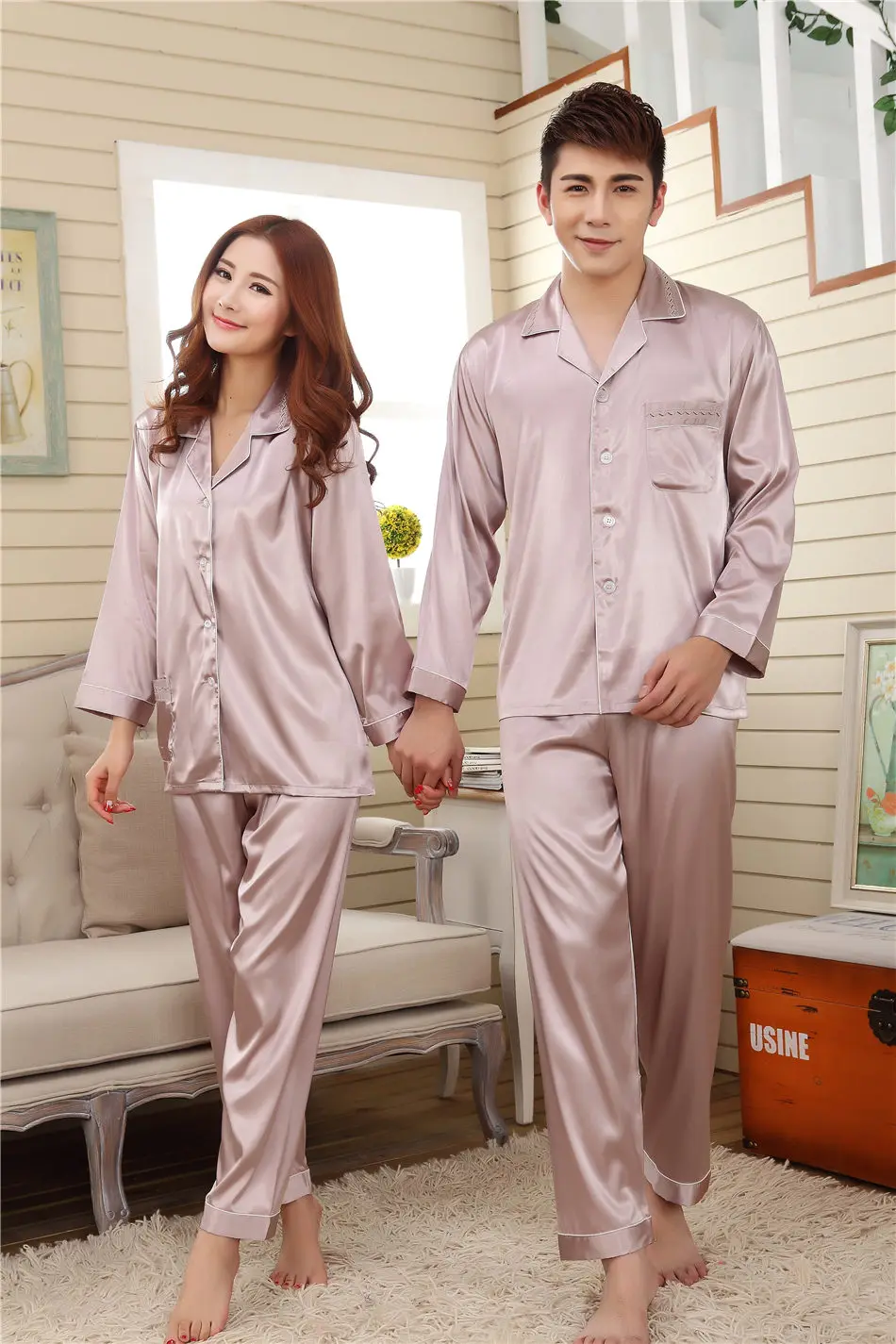Spring Summer Grey Pink Silk Lovers Set Fashion Lounge Long-sleeve Sleepwear Pajamas Women Satin Nightgown