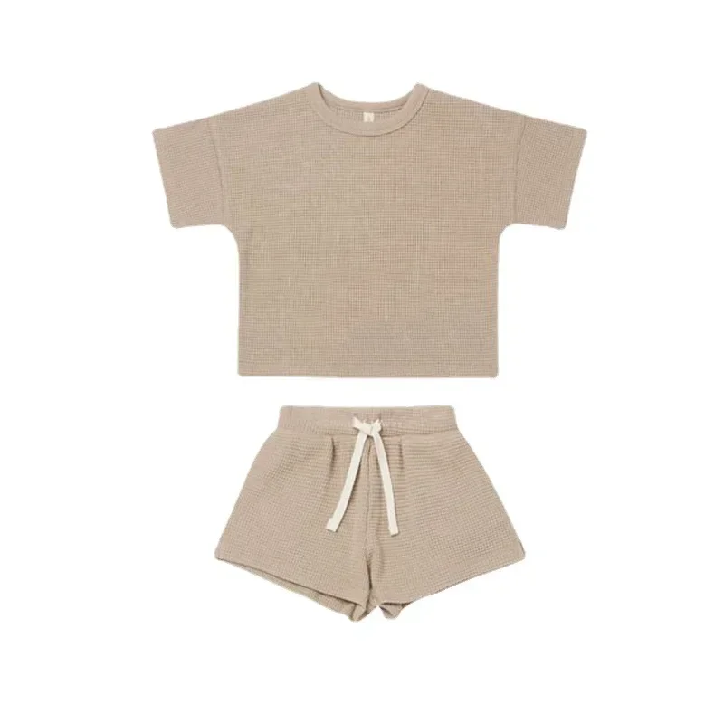 Infant Set 2022 Summer Boys and Girls Short Sleeve Shorts Waffle Round Neck Stripe Two Piece Set Newborn Baby Girl Clothes 4