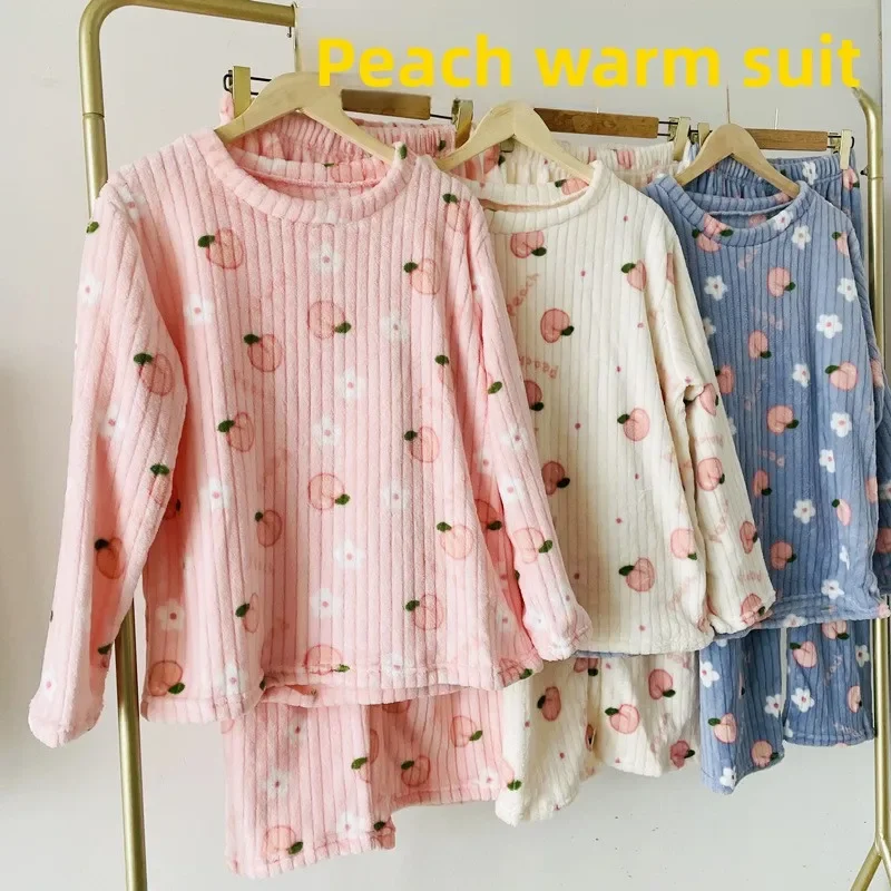 Coral Fleece Bear Print Warm Set Winter Cozy Sleepwear Cute Cartoon Girls Home Outfit Comfortable Loungewear Soft Pajamas
