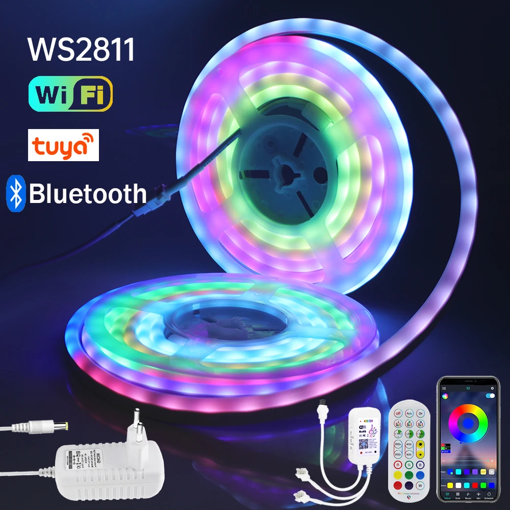

Tuya WiFi LED Neon Light 12V WS2811 RGB LED Strip Light Smart Bluetooth Addressable Pixel Light Waterproof Silicone Tape Plug