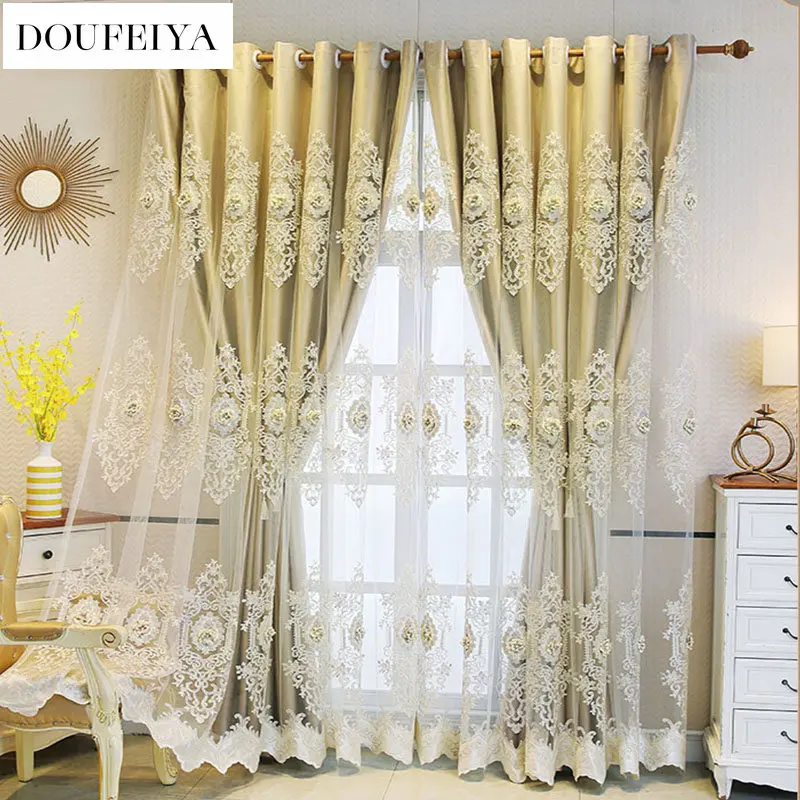 European Embroider Tulle Double Layer Luxury Curtains for Living Room Bedroom Embossed Design Blackout Villa Window Sheer Custom 4
