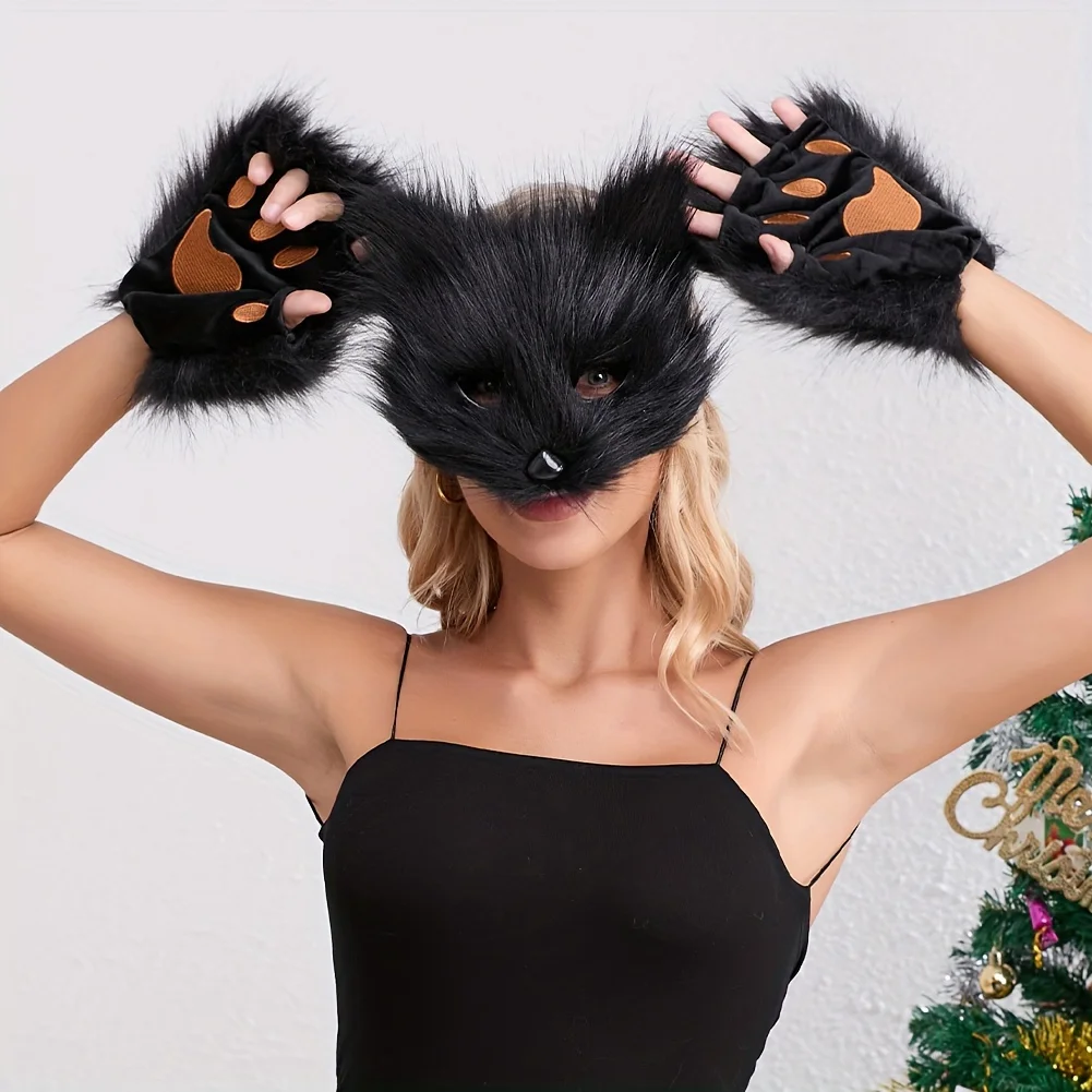Fluffy Fur Fox Tail  Cat Paws Gloves Set - Wolf Mask Halloween Cosplay Accessories