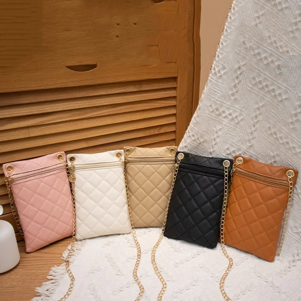 

Rhombic Lattice Chain Phone Bag Simple Crossbody Bag Zipper PU Leather Coin Purse Wallet Makeup Bag Mobile Phone Bag Girl