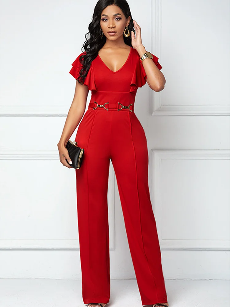 

Short Sleeved V-neck Jumpsuit for Women, One Fashion, Casual Pieces, Elegant Female, New, 2023