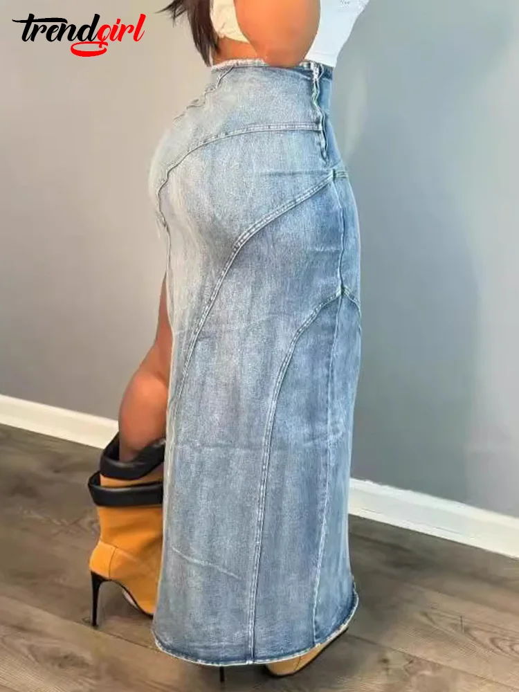 Trendgirl Women's Fashion Open Design High Slit Stretch Denim Long Skirt Streetwear Jean Dress Birthday Summer Night Clubwear