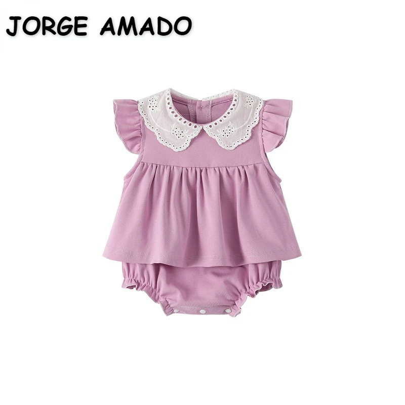 

Korean Style New Summer Baby Girls Bodysuit Short Sleeves Lace Peter Pan Collar Solid Color Patchwork Newborn Jumpsuit H2462