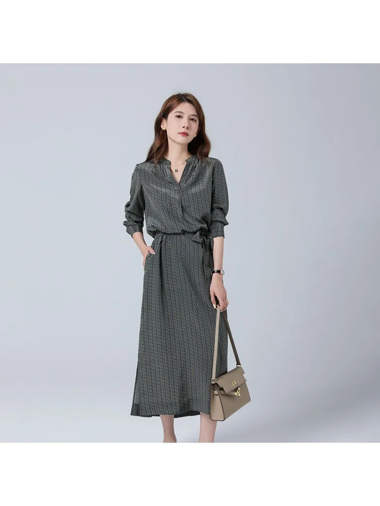 

Женское модное шелковое платье с цветочным принтом, весенне-летнее женское сексуальное офисное повседневное пляжное платье, сказочное серое шифоновое платье-рубашка